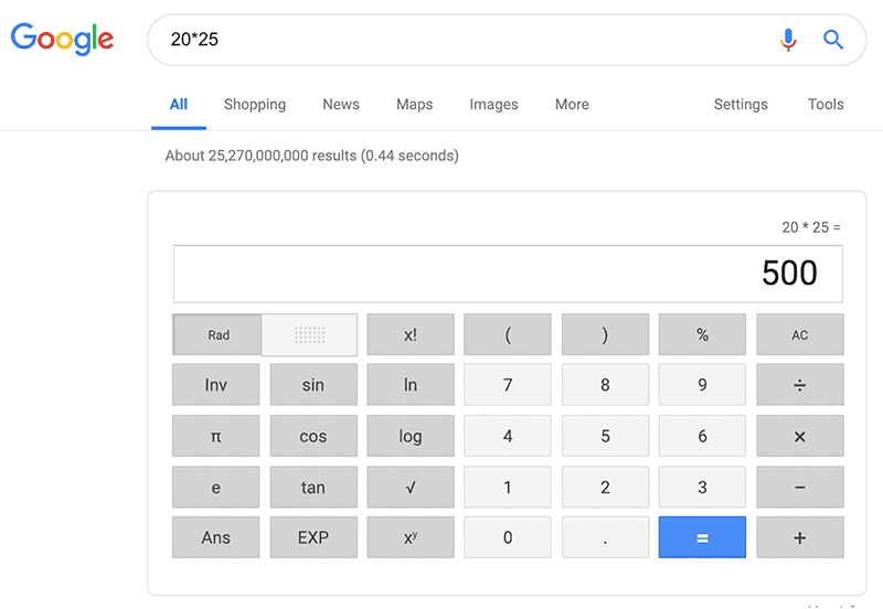 Google Search Tip: calculator results for 20*25 = 500