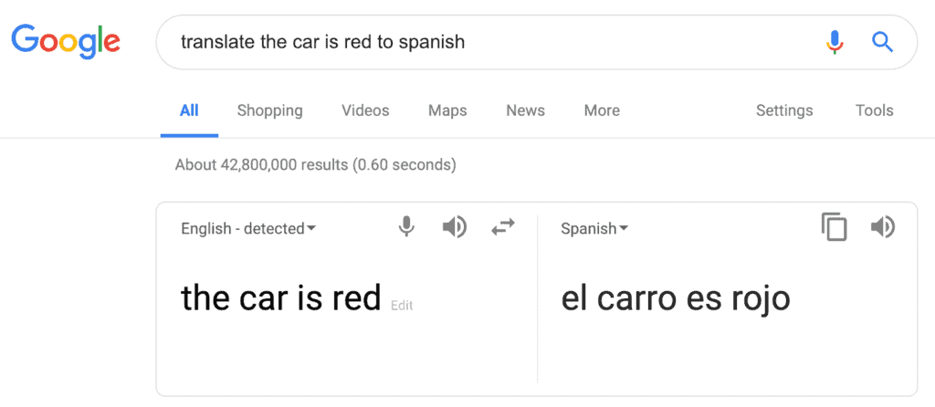 Google search translation example