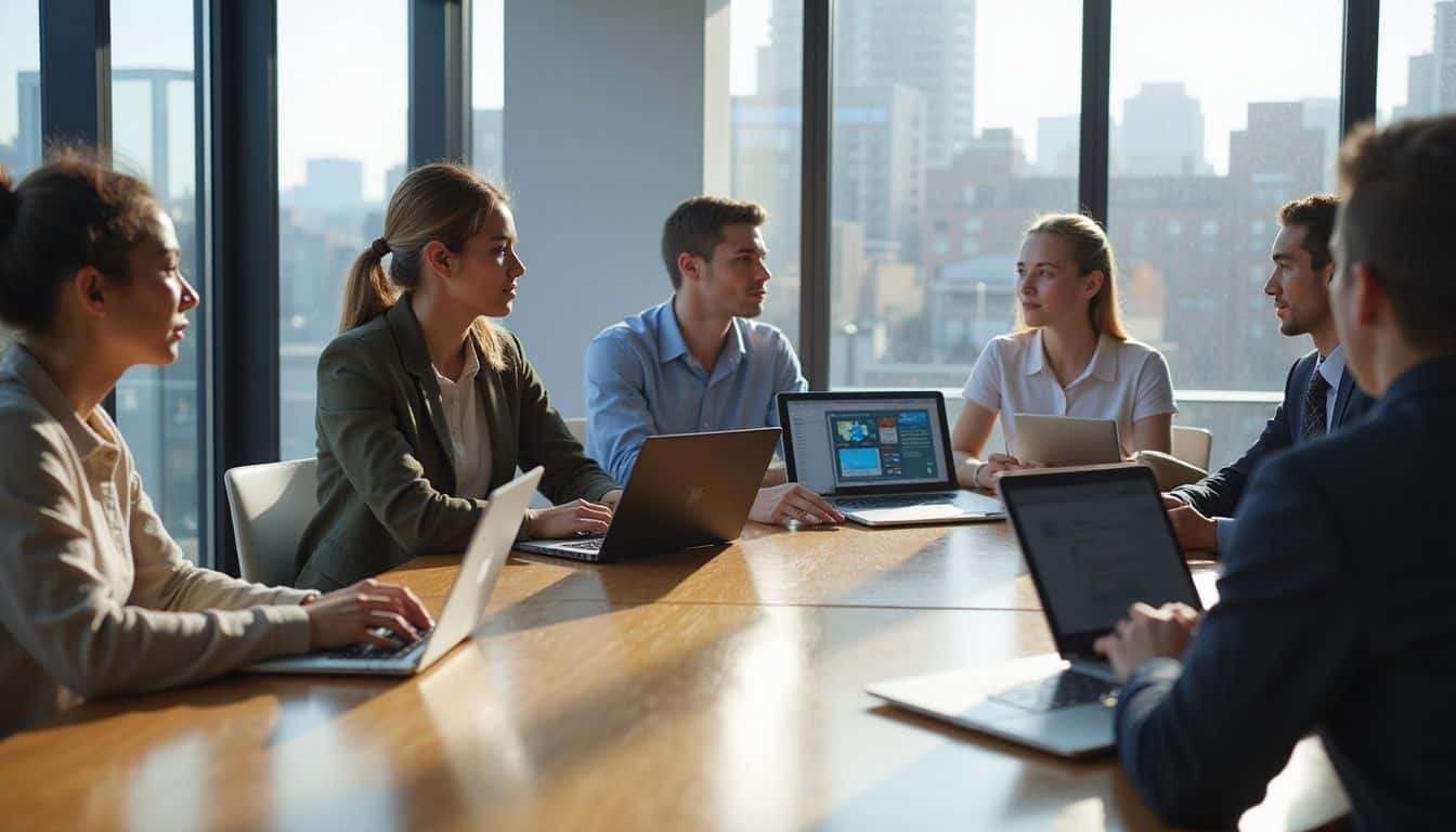 Young professionals collaborate around a conference table in a modern office. Young professionals collaborate around a conference table in a modern office.